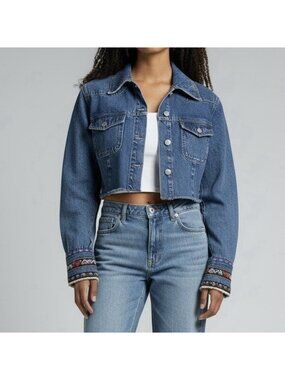 VTG 90s Y2K Zana Di Crop Denim Jacket Womens M Pearl Snap Embroidered